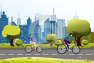 Vector illustration of people man and woman riding on a bicycle near city park. Modern city background. Cartoon vector Vector Illustration