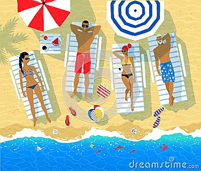 Vector illustration of people resting on sun beds Vector Illustration