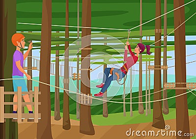 Vector illustration of the people training hiking on the ropes between trees. Rope park. Vector Illustration