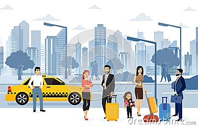 Vector illustration of people waiting taxi on the street. Many passengers are waiting for a taxi in front of the airport Vector Illustration