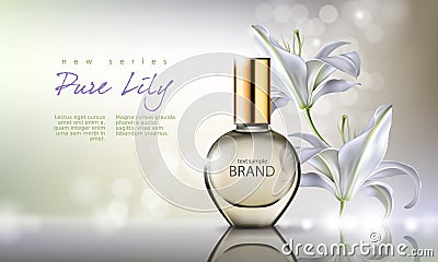 Vector illustration perfume in a glass bottle on a background with luxurious white lily Vector Illustration
