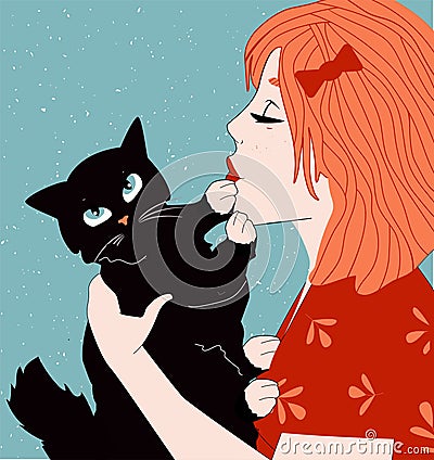 Girl kissing strongly cuddling cat Vector Illustration