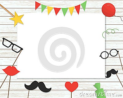 Vector illustration of photo booth props on stick, balloons, confetti, presents, candies on shabby wooden background Vector Illustration