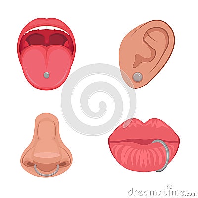 Piercing studio icon, ear, nose, lips and tongue. body parts Vector Illustration