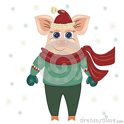 Vector illustration of a pig boy in winter clothes, sweater, scarf, hat, mittens, trousers. Symbol of 2019. Smiles, looks, good mo Vector Illustration