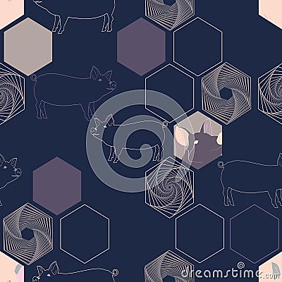 Vector illustration of pigs combined with hexagon elements. Vector Illustration
