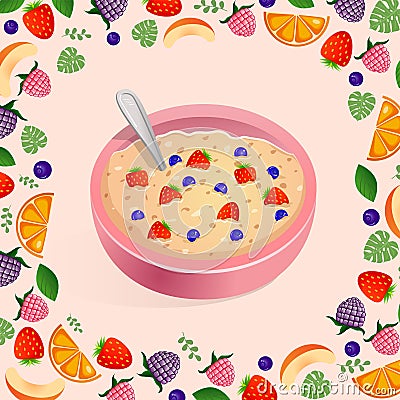 Vector illustration on a pink background oatmeal with blueberries and strawberries for advertising, postcard, banner Vector Illustration