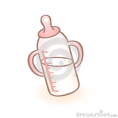 Vector image of a new born baby bottle with handles and pink pacifier. Infant vector icon. Child item. Cartoon Illustration