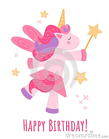 Vector illustration of a pink cute unicorn and fulfills a wish with a magic wand. Postcard printing, scrapbooking, print design, Cartoon Illustration
