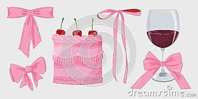 Vector Illustration of pink girly vintage bows, wine, bento cake and cherry. Cute bento lambeth cake. Girly coquette Vector Illustration