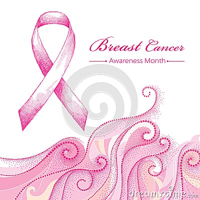 Vector illustration with pink ribbon and dotted pink swirls on white background. Breast Cancer Awareness Month symbol. Vector Illustration