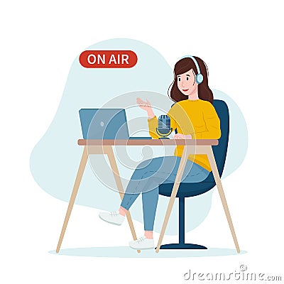 Vector illustration: radio podcast concept. Woman podcaster talking in microphone and recording podcast . Recording radio. Cartoon Illustration