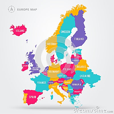 Vector illustration political map of europe. European continent in four colors with country name labels. Vector Illustration