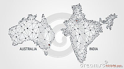 Vector illustration. A polygonal map of countries. India. Australia. Abstract 3d image. Dots and lines. Geometric polygons. Vector Illustration