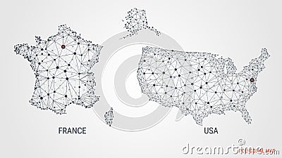 Vector illustration. A polygonal map. France. USA. Abstract 3d image. Dots and lines. Vector Illustration