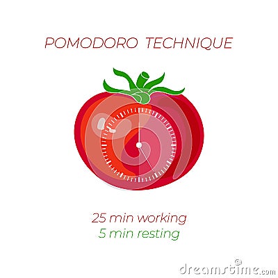 Vector Illustration of Pomodoro Technique, Time Management Concept, Clock Face on Tomato. Vector Illustration