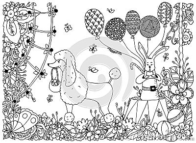 Vector illustration of a poodle and a rabbit on the circus arena. Doodle flower performance. Coloring book anti stress for Vector Illustration