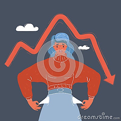 Vector illustration of Poor woman turns her pockets. Without money and work. Economic crisis concept on dark background. Vector Illustration