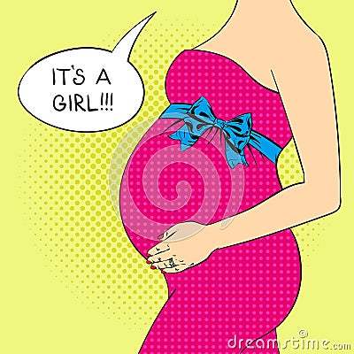 Vector illustration of pop art pregnant young woman. Vector Illustration