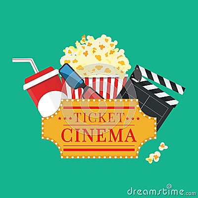 Vector illustration. Popcorn and drink. Film strip border. Cinema movie night icon in flat design style. Bright background. Vector Illustration