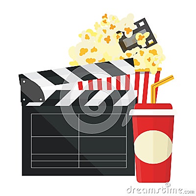 Vector illustration. Popcorn and drink. Film strip border. Cinema movie night icon in flat design style. Bright background. Vector Illustration