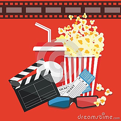 Vector illustration. Popcorn and drink. Film strip border. Cinema movie night icon in flat design style. Bright background. Vector Illustration