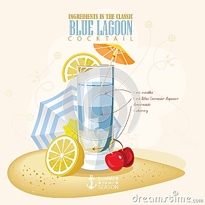 Vector illustration of popular alcoholic cocktail. Blue lagoon club alcohol shot. Vector Illustration