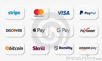 Vector illustration of popular payments systems and e-wallet. White web buttons, Neumorphism style Cartoon Illustration