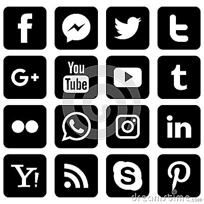 Popular social media icons set black Vector Illustration