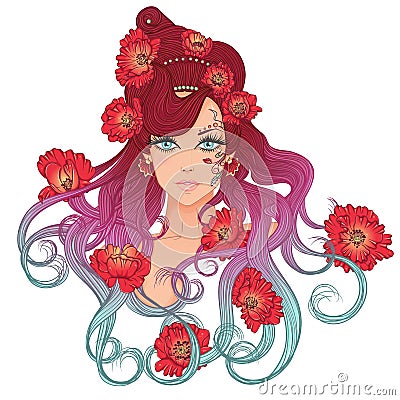 Girl with hairdress of poppies Vector Illustration