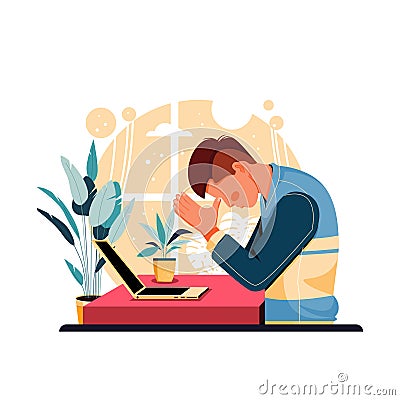 Vector illustration of The portrait of a man who is stress because of tired working flat design concept Vector Illustration