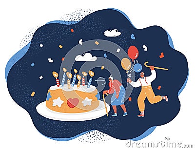 Vector illustration of Portrait of senior couple with big cake. Celebratinon of birthday. Elderly people party over dark Vector Illustration
