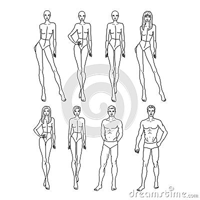 Template of Eight Slender Models of Women and Men. Stock Photo