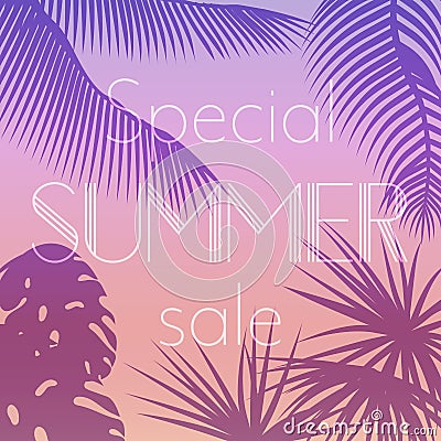 Vector illustration poster of special summer sale text on the sunset background of palm leaves silhouettes. Vector Illustration