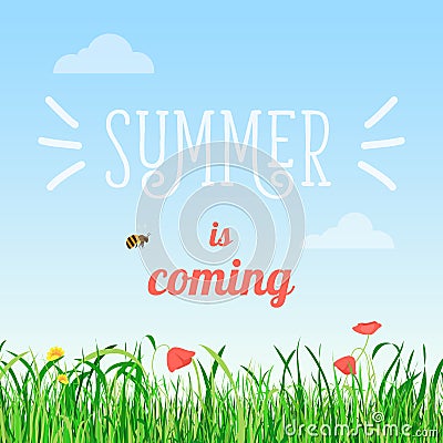 Vector illustration poster of summer is coming words in the field with flowers and a bee flying. Vector Illustration