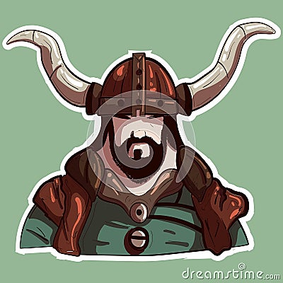 Vector illustration of a powerful viking with helmet and armour. Portrait drawing of a nordic man wearing fur and metal. Vector Illustration