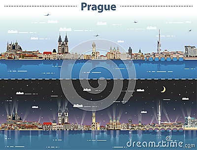 Vector illustration of Prague city skyline at day and night Vector Illustration