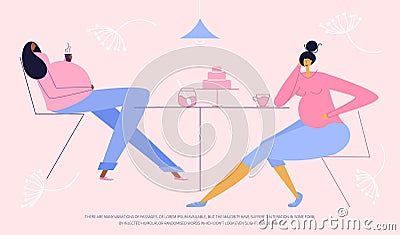 The pregnant women couple, frends relax in caffe. The have got INCREASED APPETITE DURING PREGNANCY. New mom hungry, has Vector Illustration