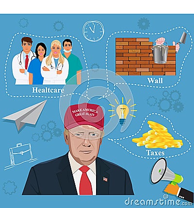 Vector illustration of President Donald Trump and his promises Vector Illustration