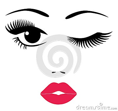 Vector woman face, eyes with long lashes, red lips. Vector Illustration