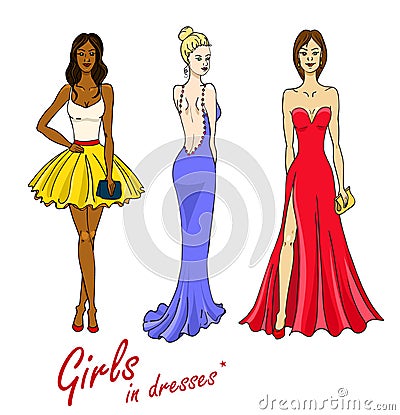 Vector illustration of pretty girls in dresses. Cartoon Illustration