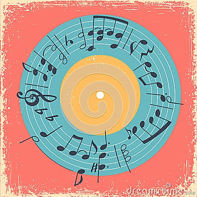 Illustration with printed music circle and vinyl record. Musical concept creative invitation Vector Illustration