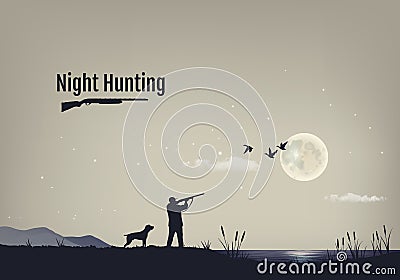 Vector illustration of the process of hunting for ducks in the night. Silhouettes of a hunting dog with the hunter Vector Illustration
