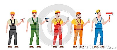 Set professional workers with with spatula, electric screwdriver, brush, roller, character, uniform Vector illustration Vector Illustration