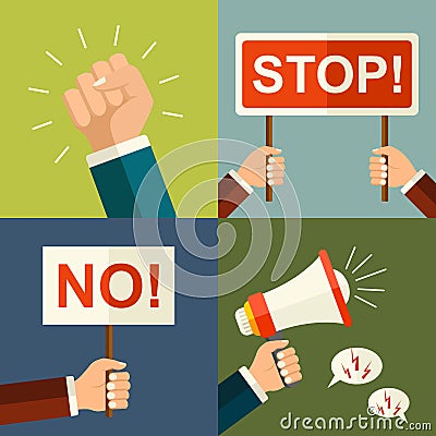 Vector illustration protest concept. Mans fists, protest placard symbol. Hands holding signs and bullhorn. Politic crisis, politic Vector Illustration