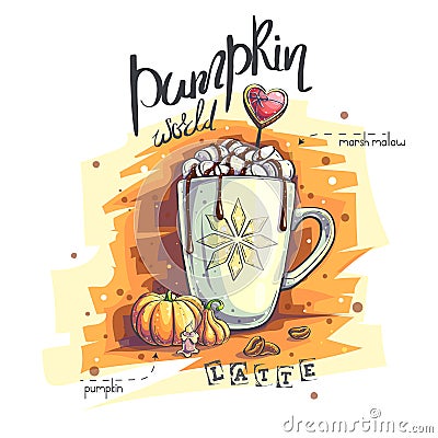 Vector illustration Pumpkin world. A mug with marshmallows and hot chocolate Vector Illustration