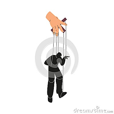 Vector illustration a puppet guy on strings, controlled by a hand, a symbol of manipulation Vector Illustration