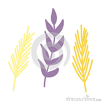 Vector illustration with purple twigs of leaves and pale yellow berries and flowers in a flat handmade style Vector Illustration