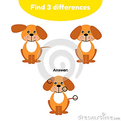 Puzzle game for preschool children. Find 3 differences. With the answer. brown cute cartoon dog, puppy with bone Vector Illustration