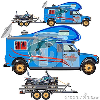 Vector illustration of quad bike, travel car and trailer in flat design Vector Illustration